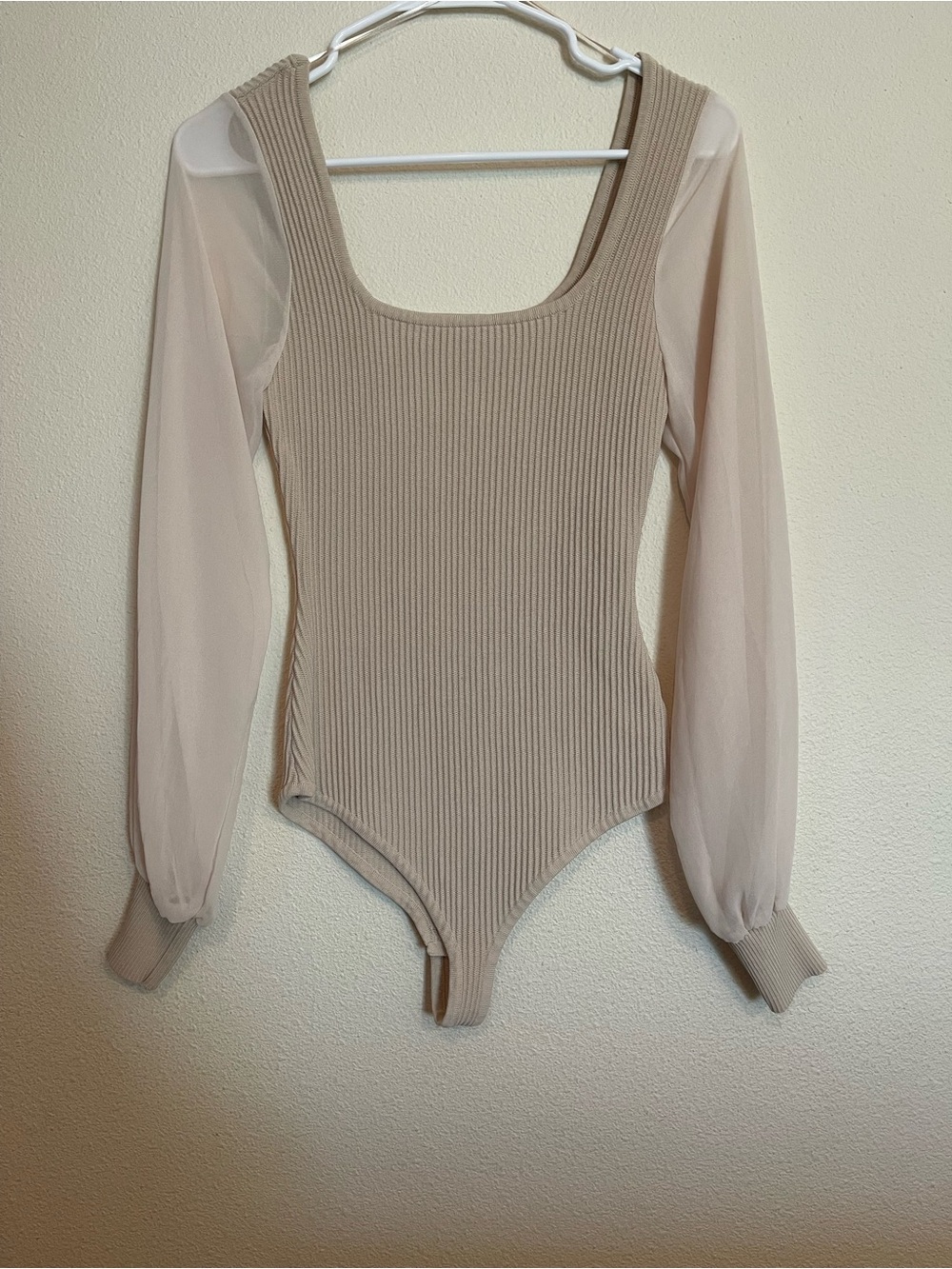 debut Ribbed Bodysuit with Sheer Long Sleeves - Taupe